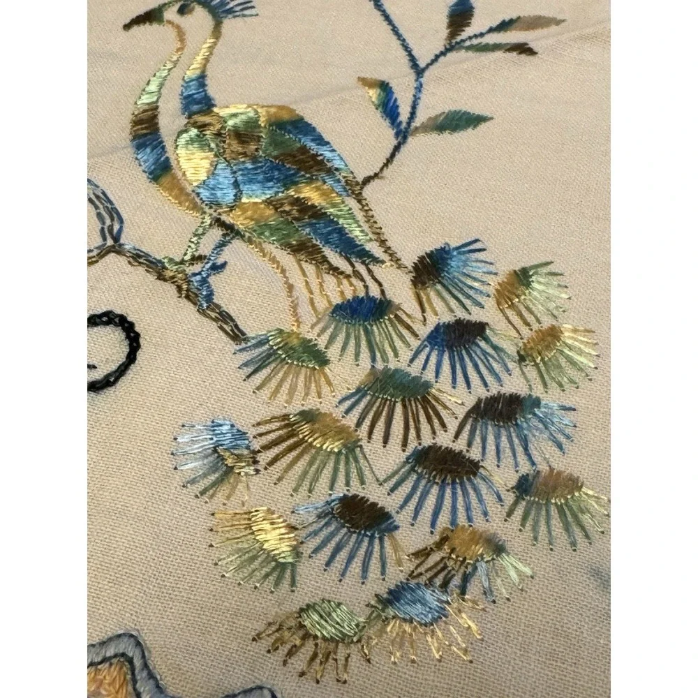 Vintage 12 in Linen Doily Blue Green Embroidered Peacock Handmade 1930-1950
